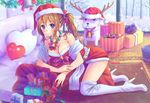  bare_shoulders bare_tree bell blue_eyes blush boots breasts brown_hair christmas cleavage collarbone gift hair_bobbles hair_ornament heart heart_pillow high_heels large_breasts looking_at_viewer original pillow sack scarf shoes side_ponytail smile snow solo stuffed_animal stuffed_toy suikakitsu_shiro teddy_bear thigh_boots thighhighs tree window xia_you_qing 