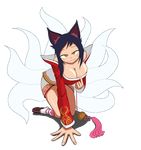  ahri animal_ears animated animated_gif artist_request black_hair breasts cleavage fox_ears fox_tail korean league_of_legends multiple_tails nestkeeper orange_eyes tail teasing 