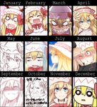  2girls ^_^ blonde_hair blue_eyes blush blush_stickers chart closed_eyes comparison flower genderswap genderswap_(ftm) hair_ornament hair_ribbon hairclip hat kiss lily_(flower) lily_black lily_white long_hair multiple_girls open_mouth outstretched_arms rain ribbon sharp_teeth smile tail tears teeth touhou wings yuri yutamaro 