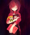  black_hair blonde_hair book brown_hair closed_eyes doll hizu_(kurohistuji) holding long_hair madotsuki monoko multiple_girls open_mouth pink_shirt poniko ponytail shirt twintails yume_nikki 