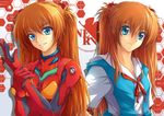  blue_eyes dual_persona forfreedo grin hair_ornament highres long_hair multiple_girls neon_genesis_evangelion orange_hair plugsuit school_uniform smile souryuu_asuka_langley twintails 