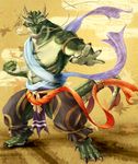  ???? anthro beard belt biceps chinese_dragon claws clothed clothing dragon facial_hair fighter green_skin half-dressed looking_at_viewer male muscles pants pecs pose sash scales scalie solo the_wind toe_claws topless yellow_eyes 