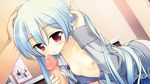  1boy 1girl aete_mushisuru_kimi_to_no_mirai aqua_hair blush censored cum flat_chest game_cg handjob indoors nipples penis red_eyes sawatari_nanagi 