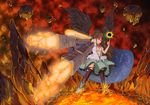  alternate_weapon arm_cannon black_legwear breasts brown_hair cape cleavage embrace_(bacchi) fireball frills glowing glowing_eyes grin long_hair medium_breasts molten_rock radiation_symbol red_eyes reiuji_utsuho rock smile solo thighhighs torn_clothes torn_legwear touhou weapon wings 