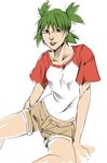  araki_hirohiko_(style) drawfag green_eyes green_hair green_lipstick highres jojo_no_kimyou_na_bouken koiwai_yotsuba lipstick makeup non-web_source parody quad_tails raglan_sleeves short_shorts shorts solo style_parody teenage yotsubato! 