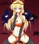  bat bat_wings black_gloves black_legwear blonde_hair bra breasts cleavage elbow_gloves finger_to_mouth gap gloves halloween hat hat_ribbon heart heart_tattoo large_breasts long_hair looking_at_viewer mokkori9 orange_bra orange_panties panties pumpkin purple_eyes ribbon solo tattoo thighhighs touhou underwear underwear_only wings yakumo_yukari 