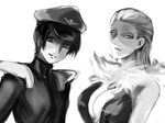  breasts cleavage dress fatal_fury feather_boa geese_howard genderswap genderswap_(mtf) greyscale grin hat large_breasts long_hair midnight_bliss monochrome multiple_girls peaked_cap short_hair shoulder_pads smile sorcierudia street_fighter the_king_of_fighters vega 