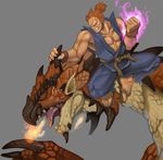  abs aimani aura bad_id bad_pixiv_id capcom company_connection crossover dark_skin dark_skinned_male dougi dragon fangs fire flame glowing glowing_hand gouki horns male_focus monster_hunter muscle rathalos red_hair rope sandals simple_background sleeveless street_fighter topknot 