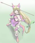  animal_ears bare_shoulders bikini blonde_hair blue_eyes chain fenrir_knight fighting_stance gloves headdress horn kishuu loincloth long_hair low-tied_long_hair polearm riesz seiken_densetsu seiken_densetsu_3 spear swimsuit very_long_hair weapon wolf_ears 