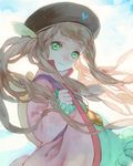  3838383 aqua_dress backpack bad_id bad_pixiv_id bag bangs black_hat blonde_hair brown_hair closed_mouth day dress elle_mel_martha frilled_sleeves frills green_eyes hair_ribbon hat holding_strap jacket jewelry light_brown_hair long_hair long_sleeves looking_at_viewer necklace pink_jacket ribbon sidelocks smile solo tales_of_(series) tales_of_xillia tales_of_xillia_2 twintails upper_body very_long_hair wind 