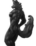  anthro back_turned biceps black_fur black_nose butt canine captainjohkid fluffy_tail fur jo male mammal muscles nude pecs plain_background pose red_eyes solo tattoo white_background wolf 