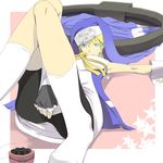  bike_shorts blonde_hair blue_eyes bridget_(guilty_gear) dress dress_tug fingerless_gloves gloves guilty_gear habit kishuu long_hair lying male_focus no_shoes nun on_back otoko_no_ko socks solo white_legwear wrist_cuffs yo-yo 