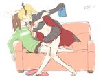  2girls bad_id bad_pixiv_id blonde_hair blush brown_hair cape closed_eyes couch danpaca gloves halloween_costume kiss long_hair lyrical_nanoha mahou_shoujo_lyrical_nanoha_strikers midriff multiple_girls older side_ponytail sketch slippers very_long_hair vivio yagami_hayate yuri 