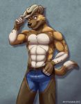  abs african_wild_dog anthro belt biceps big_muscles black_nose body_markings bulge canine chaps chest_tuft clothed clothing denim flexing front fur furrybob half-dressed hat hyena jeans looking_at_viewer male mammal markings muscles nipples pants pants_pull pecs pose smile solo solo_male spots standing toned topless tuft yellow_eyes 