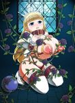  1girl ball_and_chain bdsm blonde_hair blue_eyes bondage bound breasts chains clalaclan_philias collar crown flower highres huge_breasts naniwa naniwadou nipple_piercing nipples piercing princess restrained rose sega shining_(series) shining_wind solo tears thighhighs tongue torn_clothes 