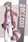  animal_ears bad_id bad_pixiv_id blue_eyes brown_hair glasses looking_at_viewer male_focus pointer raccoon_(trickster) raccoon_ears raccoon_tail smile solo tail trickster yuetsuki_(ash) 