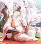  ???? bear beverage bottle eyes_closed fur japanese_clothing kimono male mammal overweight polar_bear smile solo the_wind white_fur 