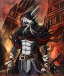  &#39764;&#22812;&#26143;&#36784; ???? anthro biceps clenched_teeth clothed clothing dragon fire grin hair half-dressed male muscles pecs pose solo standing teeth topless white_hair 