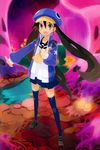  black_legwear blue_hat brown_eyes brown_hair disgaea harada_takehito hat kazamatsuri_fuuka long_hair long_sleeves makai_senki_disgaea_4 open_mouth school_uniform skirt solo standing thighhighs twintails 