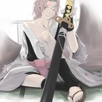  amputee baiken facial_tattoo guilty_gear japanese_clothes kataginu katana kimono kishuu long_hair off_shoulder one-eyed open_clothes open_kimono pink_hair ponytail sandals sarashi scar scar_across_eye sitting solo sword tatami tattoo toeless_legwear weapon yellow_eyes yokozuwari 