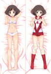  akiyama_yukari bangs barefoot bow bow_bra bow_panties bra breasts brown_eyes brown_hair dakimakura elbow_pads girls_und_panzer gym_shorts knee_pads looking_at_viewer lying messy_hair multiple_views navel okina_ika on_back open_mouth panties red_legwear red_shorts shirt short_hair short_shorts shorts sleeveless sleeveless_shirt small_breasts smile socks sportswear underwear underwear_only volleyball_uniform 