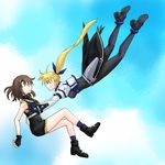  armor bad_id bad_pixiv_id blonde_hair blue_eyes boots brown_hair danpaca fingerless_gloves gloves highres long_hair lyrical_nanoha mahou_shoujo_lyrical_nanoha_vivid multiple_girls profile side_ponytail skin_tight sky surprised very_long_hair vivio yagami_hayate yuri 