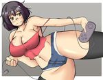  bare_shoulders black_hair black_legwear breasts character_request controller copyright_request curvy denim game_controller glasses groin jeans large_breasts midriff mole myougi_kuraganosuke navel pants short_hair shorts simple_background solo source_request thighhighs thighs wide_hips yellow_eyes 