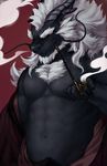  ^69 abs abstract_background beard black_skin chest_tuft chinese_dragon claws clothing dragon facial_hair hair half-dressed horn male muscles nipples pecs pipe plain_background red_background red_eyes smoke smoking solo topless undressing white_hair 