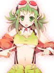  :o blush breasts goggles goggles_on_head green_eyes green_hair gumi koumei_(harmonizer) large_breasts looking_at_viewer megpoid_(vocaloid3) midriff navel short_hair solo suspenders underboob vocaloid 