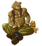  belt biceps black_nose boots brown_eyes brown_fur canine chirenbo clothed clothing dog footwear fur gloves half-dressed jacket male mammal muscles necklace open_shirt pants pecs plain_background pose red_eyes shirt shoes sitting solo toned topless white_background wolf 