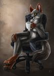  anthro breasts canine chair claws coffee darwin's_fox darwins_fox digitigrade dirtiran female fluffy fox fur green_eyes grey_fur hindpaw looking_at_viewer mammal nude open_mouth paws sitting solo steam toes vixe 