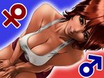  bad_id bad_pixiv_id breasts cleavage copyright_request covered_nipples highres large_breasts leaning lips mars_symbol nipples red_eyes red_hair shisshou_senkoku short_shorts shorts smile solo tank_top venus_symbol 