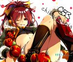 2012 ;) alternate_costume apple boots breasts dated food fruit gouda_nagi grin holding long_hair looking_at_viewer mahou_shoujo_madoka_magica medium_breasts navel one_eye_closed pocky ponytail red_eyes red_hair sakura_kyouko smile solo white_background 