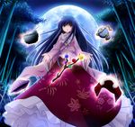  ayase_midori bamboo bamboo_forest black_hair bowl branch cowry_shell floating floating_object forest full_moon houraisan_kaguya jeweled_branch_of_hourai long_hair moon nature revision solo touhou yellow_eyes 