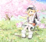  &gt;_&lt; :&lt; :3 :d blonde_hair blue_eyes blush cherry_blossoms choky claws closed_eyes day dress flower full_body grass jewelry latale long_hair long_sleeves necklace open_mouth outdoors paprika_shikiso paws petals shaggy_(latale) sitting smile tree white_dress 