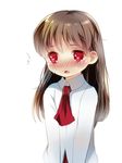  :o blush brown_hair fang heart heart-shaped_pupils ib ib_(ib) long_hair red_eyes shirt simple_background solo symbol-shaped_pupils takeo_(nijie20031) tears translated white_background white_shirt 