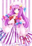  book bow crescent dress hair_bow hat long_hair nikoo patchouli_knowledge purple_eyes purple_hair ribbon solo striped striped_background striped_dress touhou vertical-striped_background vertical_stripes 