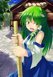  absurdres blush breasts broom detached_sleeves frog_hair_ornament green_hair hair_ornament hair_tubes hamakenn highres kochiya_sanae long_hair medium_breasts open_mouth rope shimenawa shrine skirt smile snake_hair_ornament solo touhou tree yellow_eyes 