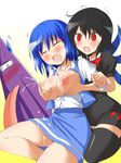  2girls black_hair black_legwear blue_hair blush breast_grab breasts breasts_outside clenched_hand closed_eyes deego_(omochi_bazooka) fang grabbing highres houjuu_nue karakasa_obake lactation large_breasts multiple_girls nipples open_mouth purple_umbrella red_eyes saliva short_hair simple_background skirt slit_pupils sweatdrop tatara_kogasa tears thighhighs tongue touhou umbrella wings yuri zettai_ryouiki 