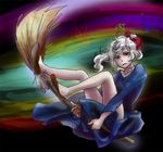  1girl bow broom broom_riding bug butterfly colorful hair_bow insect long_hair looking_at_viewer ponytail red_eyes robe sabitsuki salvatore_piko shoes solo tired white_hair witch 