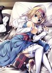  alice_margatroid bed blonde_hair blue_eyes blush book breasts doll hairband hat kai_yuuki large_breasts lying nipples panties panty_pull pillow shanghai_doll short_hair solo string thighhighs touhou underwear white_legwear white_panties witch_hat 