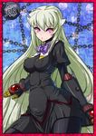  :o arcana_heart arcana_heart_3 armor bangs black_legwear blush border bow bowtie breasts chain covered_nipples curvy dress gauntlets gem hair_between_eyes heart highres kemurin large_breasts long_hair looking_at_viewer multicolored multicolored_eyes open_mouth pantyhose pink_eyes profile red_border red_eyes school_uniform silver_hair solo standing tight turtleneck very_long_hair weiss wide_hips 