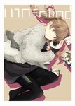  bangs black_legwear black_skirt brown_background brown_eyes brown_hair camera cellphone cover cover_page doujin_cover drop_shadow fashion fur_jacket grey_hair highres holding holding_camera holding_phone iphone looking_at_viewer lying no_shoes on_side original pantyhose phone photo_(object) polaroid rainbow skirt smartphone smile solo twintails yoshito 