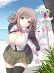  beach black_legwear bra breasts cleavage cloud d_kurouri danganronpa day flipped_hair hair_ornament hairclip hood hoodie large_breasts mole mole_on_breast monomi_(danganronpa) nanami_chiaki outdoors pink_eyes pink_hair pleated_skirt ribbon skirt sky smile super_danganronpa_2 swimsuit thighhighs underwear wand water 