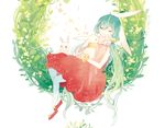  animal_ears bunny bunny_ears closed_eyes dress flower flower_bracelet hatsune_miku long_hair mig_(36th_underground) red_dress sitting smile solo twintails very_long_hair vocaloid wreath 