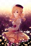  blonde_hair cuivre dress drill_hair grief_seed hair_ornament holding light_particles looking_back magical_girl mahou_shoujo_madoka_magica smile solo tears thighhighs tomoe_mami twin_drills twintails yellow_eyes 