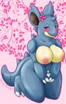  blush breasts chubby cute female flower half-closed_eyes horn kneeling lazydoogan looking_at_viewer nidoqueen nintendo nipples nude pink_background pink_eyes plain_background pok&#233;mon smile solo spines thighs video_games wide_hips 