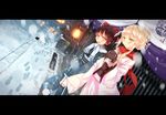  2girls blonde_hair bow bows brown_hair female garnet_(pixiv_83452) gloves hair_ornament hair_ribbon hair_tubes hakurei_reimu japanese_clothes kimono kirisame_marisa long_hair multiple_girls ribbon scarf snow touhou 