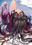  arikawa_satoru black_hair blush japanese_clothes kimono long_hair lying on_back original red_eyes smile solo upside-down very_long_hair 