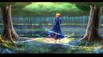  ahoge artoria_pendragon_(all) blonde_hair dress fate/stay_night fate_(series) forest from_behind ganov hair_ribbon highres juliet_sleeves light_particles long_sleeves md5_mismatch nature puffy_sleeves ribbon saber solo 